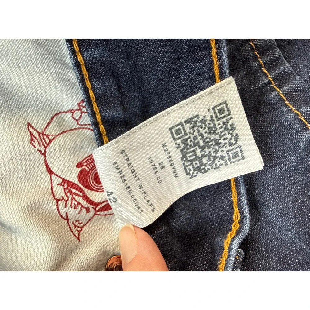 True Religion Straight Jeans Mens 42 Blue Excellent Flap Pocket Dark Wash Indigo